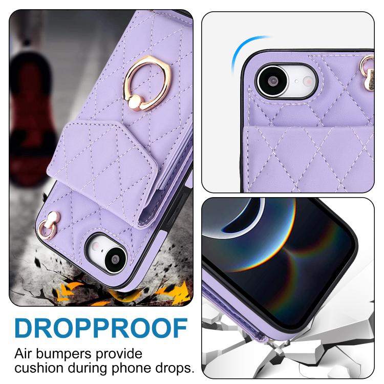 For iPhone 16e Rhombic Texture Card Bag Phone Case with Long Lanyard(Light Purple) - iPhone 16e Cases by buy2fix | Online Shopping UK | buy2fix