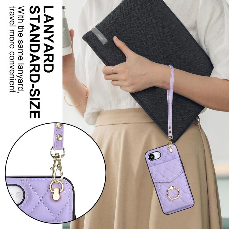 For iPhone 16e Rhombic Texture Card Bag Phone Case with Long Lanyard(Light Purple) - iPhone 16e Cases by buy2fix | Online Shopping UK | buy2fix