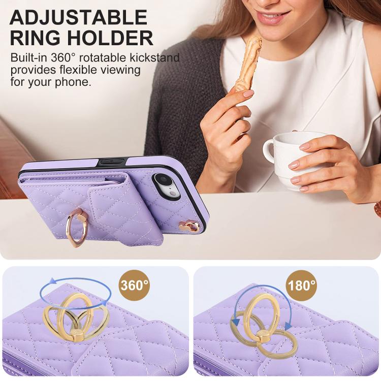 For iPhone 16e Rhombic Texture Card Bag Phone Case with Long Lanyard(Light Purple) - iPhone 16e Cases by buy2fix | Online Shopping UK | buy2fix