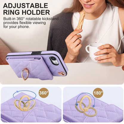 For iPhone 16e Rhombic Texture Card Bag Phone Case with Long Lanyard(Light Purple) - iPhone 16e Cases by buy2fix | Online Shopping UK | buy2fix