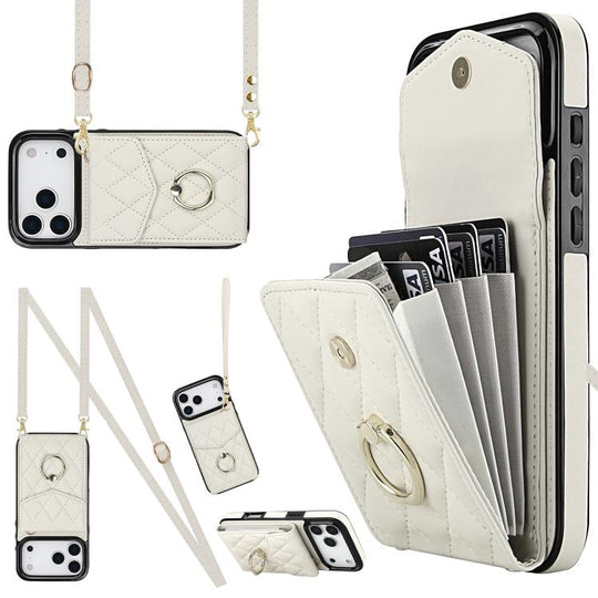 For iPhone 18 Pro Max / 17 Pro Max Rhombic Texture Card Bag Phone Case with Long Lanyard(White)