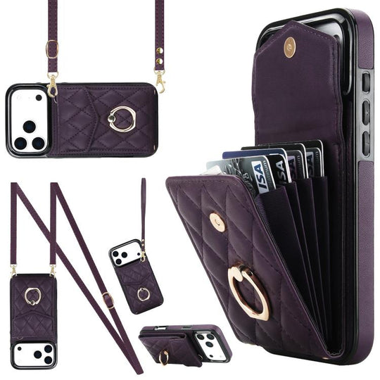 For iPhone 18 Pro Max / 17 Pro Max Rhombic Texture Card Bag Phone Case with Long Lanyard(Dark Purple)
