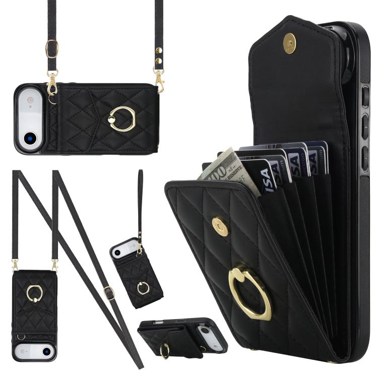 For iPhone Air Rhombic Texture Card Bag Phone Case with Long Lanyard(Black) - iPhone Air Cases by buy2fix | Online Shopping UK | buy2fix