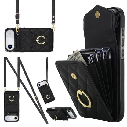 For iPhone Air Rhombic Texture Card Bag Phone Case with Long Lanyard(Black) - iPhone Air Cases by buy2fix | Online Shopping UK | buy2fix