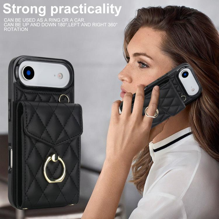 For iPhone Air Rhombic Texture Card Bag Phone Case with Long Lanyard(Black) - iPhone Air Cases by buy2fix | Online Shopping UK | buy2fix