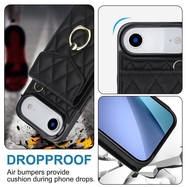 For iPhone Air Rhombic Texture Card Bag Phone Case with Long Lanyard(Black) - iPhone Air Cases by buy2fix | Online Shopping UK | buy2fix