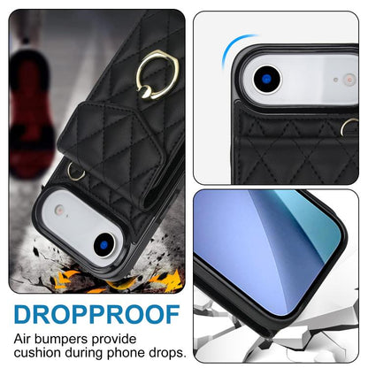 For iPhone Air Rhombic Texture Card Bag Phone Case with Long Lanyard(Black) - iPhone Air Cases by buy2fix | Online Shopping UK | buy2fix