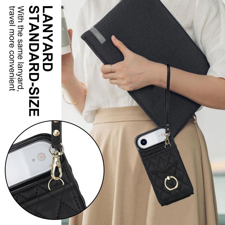 For iPhone Air Rhombic Texture Card Bag Phone Case with Long Lanyard(Black) - iPhone Air Cases by buy2fix | Online Shopping UK | buy2fix