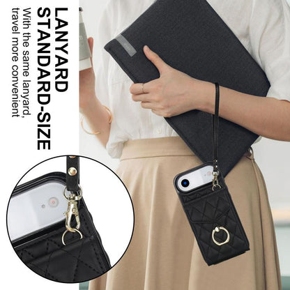 For iPhone Air Rhombic Texture Card Bag Phone Case with Long Lanyard(Black) - iPhone Air Cases by buy2fix | Online Shopping UK | buy2fix