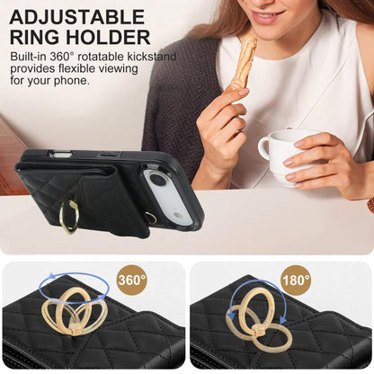 For iPhone Air Rhombic Texture Card Bag Phone Case with Long Lanyard(Black) - iPhone Air Cases by buy2fix | Online Shopping UK | buy2fix