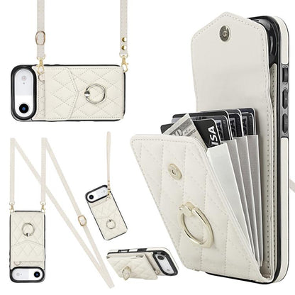 For iPhone Air Rhombic Texture Card Bag Phone Case with Long Lanyard(White) - iPhone Air Cases by buy2fix | Online Shopping UK | buy2fix