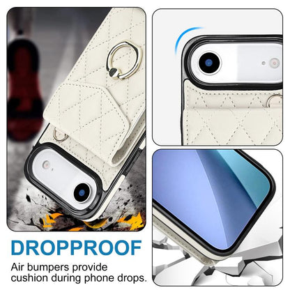 For iPhone Air Rhombic Texture Card Bag Phone Case with Long Lanyard(White) - iPhone Air Cases by buy2fix | Online Shopping UK | buy2fix