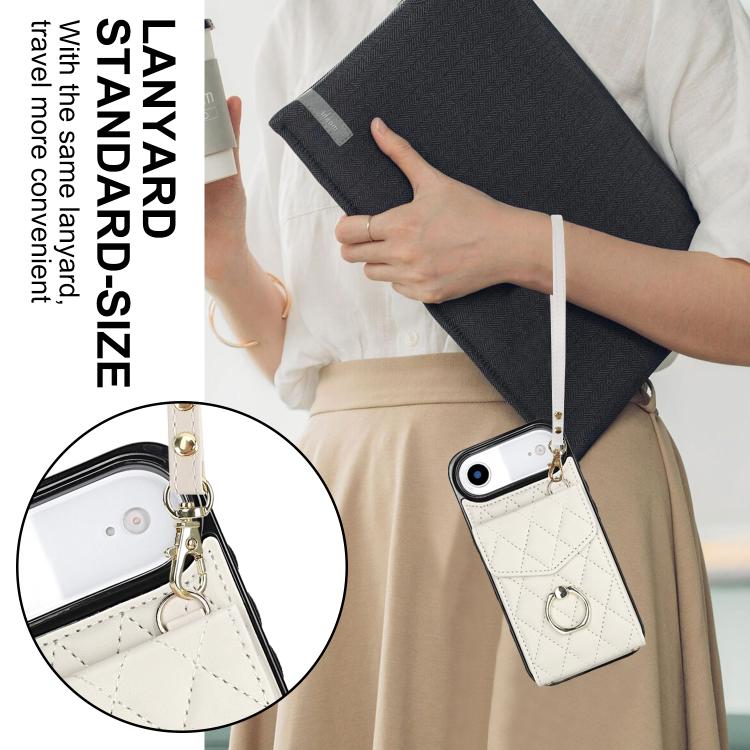 For iPhone Air Rhombic Texture Card Bag Phone Case with Long Lanyard(White) - iPhone Air Cases by buy2fix | Online Shopping UK | buy2fix