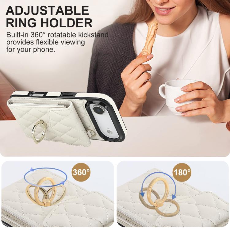 For iPhone Air Rhombic Texture Card Bag Phone Case with Long Lanyard(White) - iPhone Air Cases by buy2fix | Online Shopping UK | buy2fix