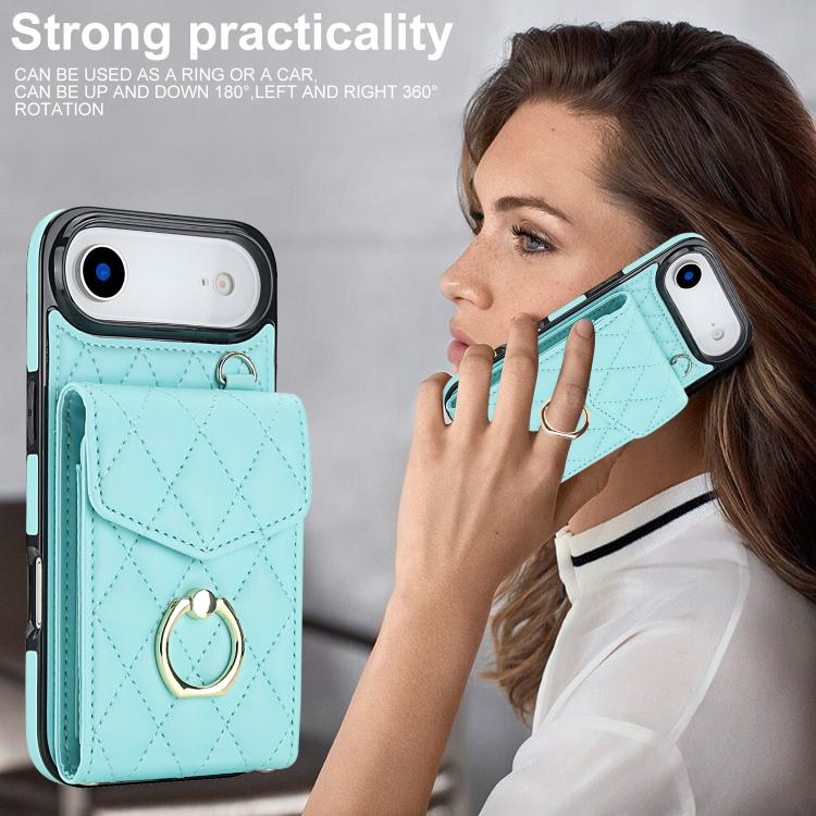 For iPhone Air Rhombic Texture Card Bag Phone Case with Long Lanyard(Mint Green) - iPhone Air Cases by buy2fix | Online Shopping UK | buy2fix