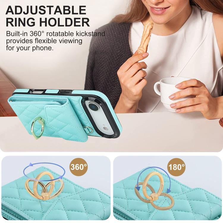 For iPhone Air Rhombic Texture Card Bag Phone Case with Long Lanyard(Mint Green) - iPhone Air Cases by buy2fix | Online Shopping UK | buy2fix