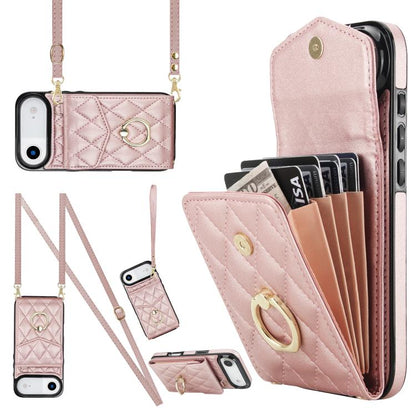For iPhone Air Rhombic Texture Card Bag Phone Case with Long Lanyard(Rose Gold) - iPhone Air Cases by buy2fix | Online Shopping UK | buy2fix
