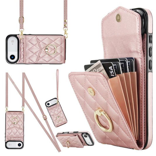 For iPhone Air Rhombic Texture Card Bag Phone Case with Long Lanyard(Rose Gold) - iPhone Air Cases by buy2fix | Online Shopping UK | buy2fix