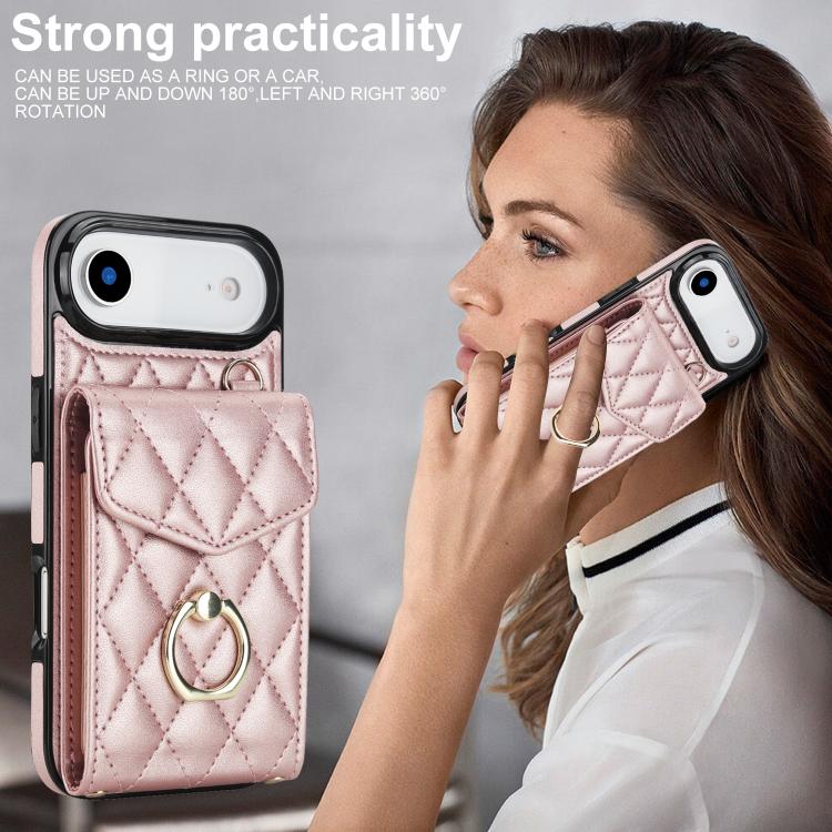 For iPhone Air Rhombic Texture Card Bag Phone Case with Long Lanyard(Rose Gold) - iPhone Air Cases by buy2fix | Online Shopping UK | buy2fix