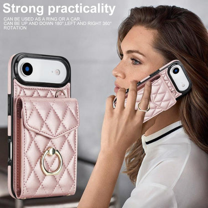 For iPhone Air Rhombic Texture Card Bag Phone Case with Long Lanyard(Rose Gold) - iPhone Air Cases by buy2fix | Online Shopping UK | buy2fix