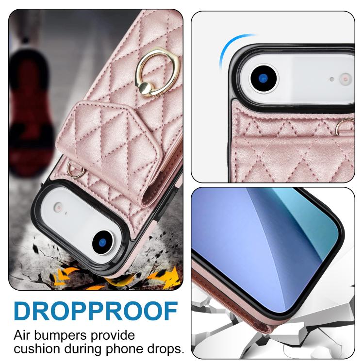 For iPhone Air Rhombic Texture Card Bag Phone Case with Long Lanyard(Rose Gold) - iPhone Air Cases by buy2fix | Online Shopping UK | buy2fix