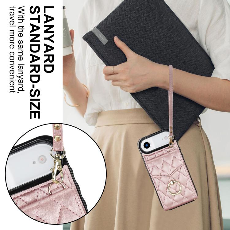For iPhone Air Rhombic Texture Card Bag Phone Case with Long Lanyard(Rose Gold) - iPhone Air Cases by buy2fix | Online Shopping UK | buy2fix