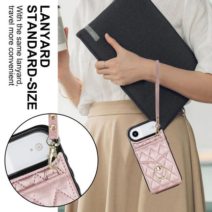 For iPhone Air Rhombic Texture Card Bag Phone Case with Long Lanyard(Rose Gold) - iPhone Air Cases by buy2fix | Online Shopping UK | buy2fix