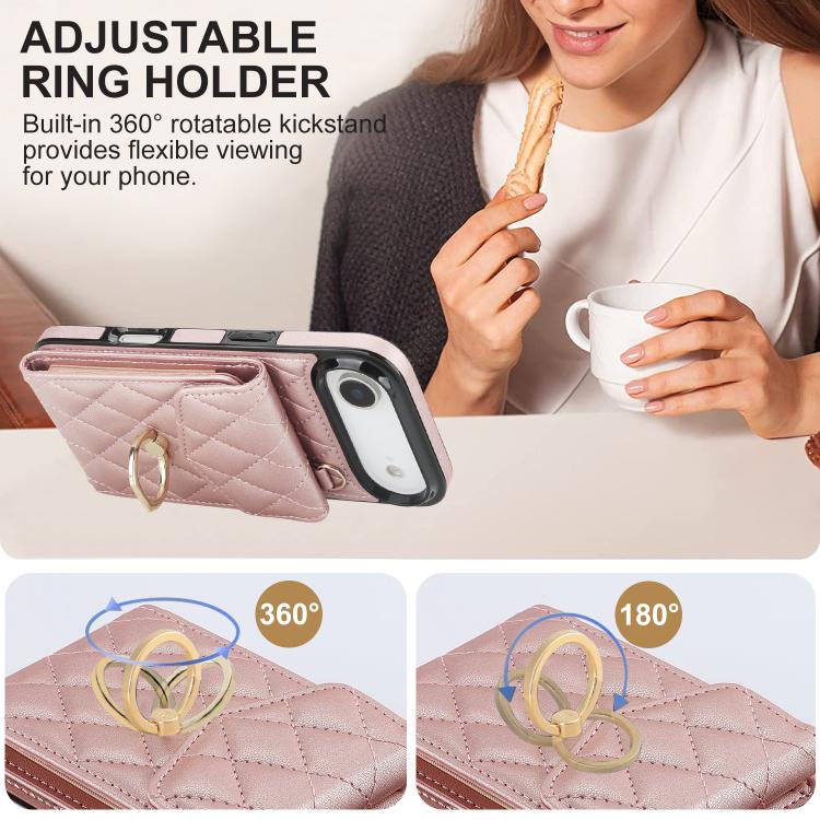 For iPhone Air Rhombic Texture Card Bag Phone Case with Long Lanyard(Rose Gold) - iPhone Air Cases by buy2fix | Online Shopping UK | buy2fix