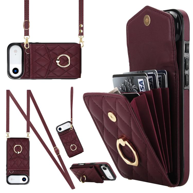 For iPhone Air Rhombic Texture Card Bag Phone Case with Long Lanyard(Wine Red) - iPhone Air Cases by buy2fix | Online Shopping UK | buy2fix