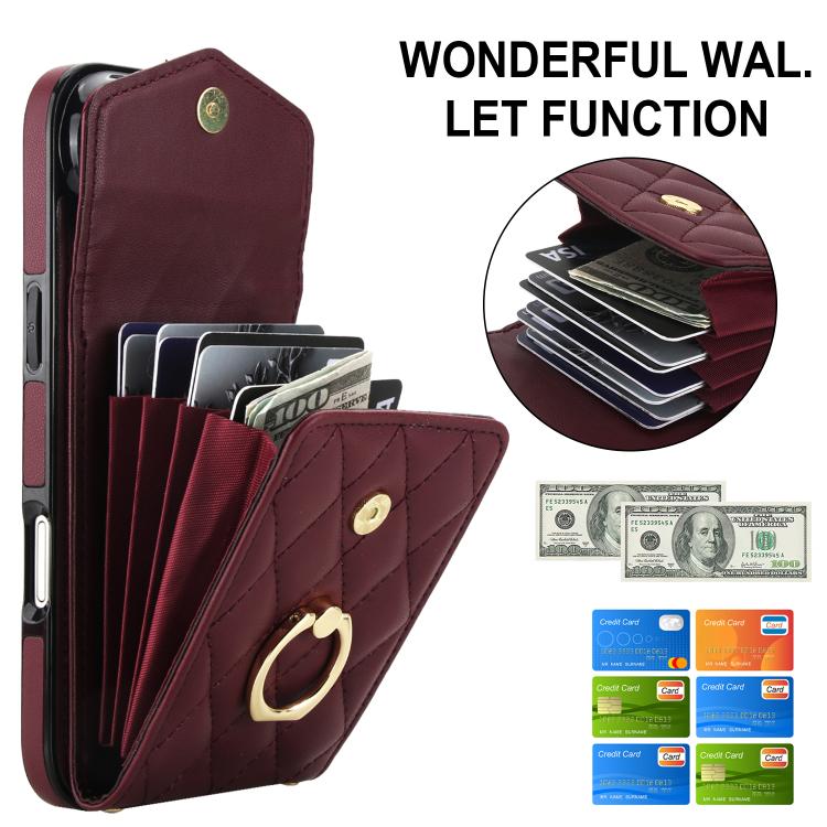 For iPhone Air Rhombic Texture Card Bag Phone Case with Long Lanyard(Wine Red) - iPhone Air Cases by buy2fix | Online Shopping UK | buy2fix