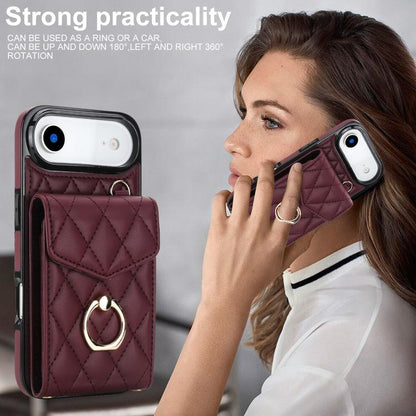For iPhone Air Rhombic Texture Card Bag Phone Case with Long Lanyard(Wine Red) - iPhone Air Cases by buy2fix | Online Shopping UK | buy2fix
