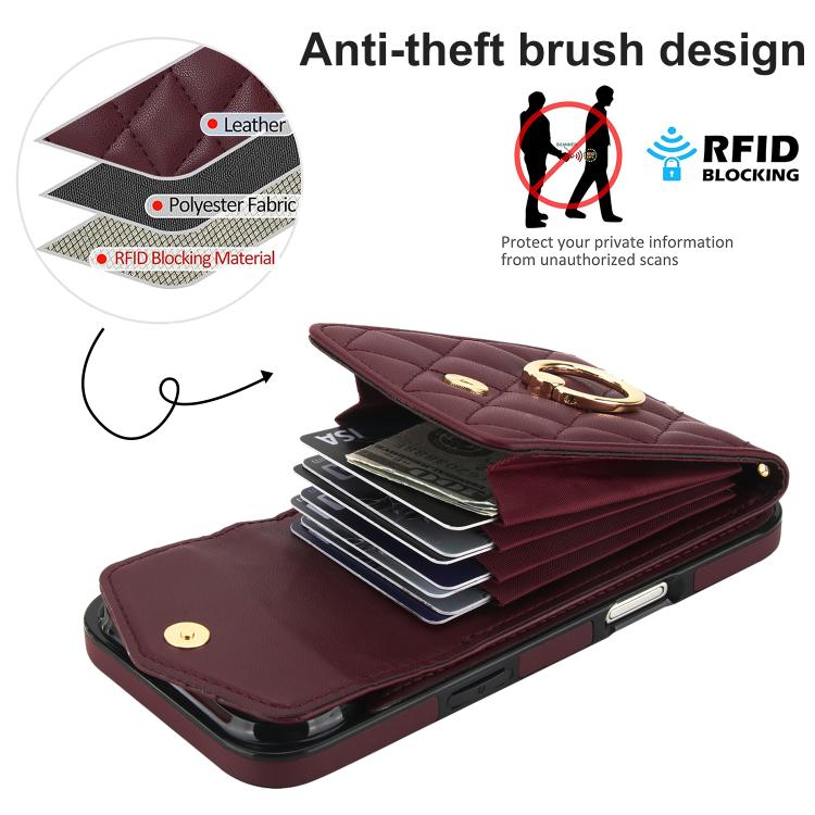 For iPhone Air Rhombic Texture Card Bag Phone Case with Long Lanyard(Wine Red) - iPhone Air Cases by buy2fix | Online Shopping UK | buy2fix
