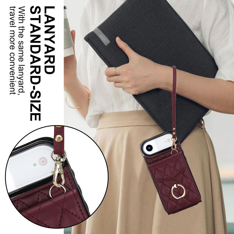For iPhone Air Rhombic Texture Card Bag Phone Case with Long Lanyard(Wine Red) - iPhone Air Cases by buy2fix | Online Shopping UK | buy2fix