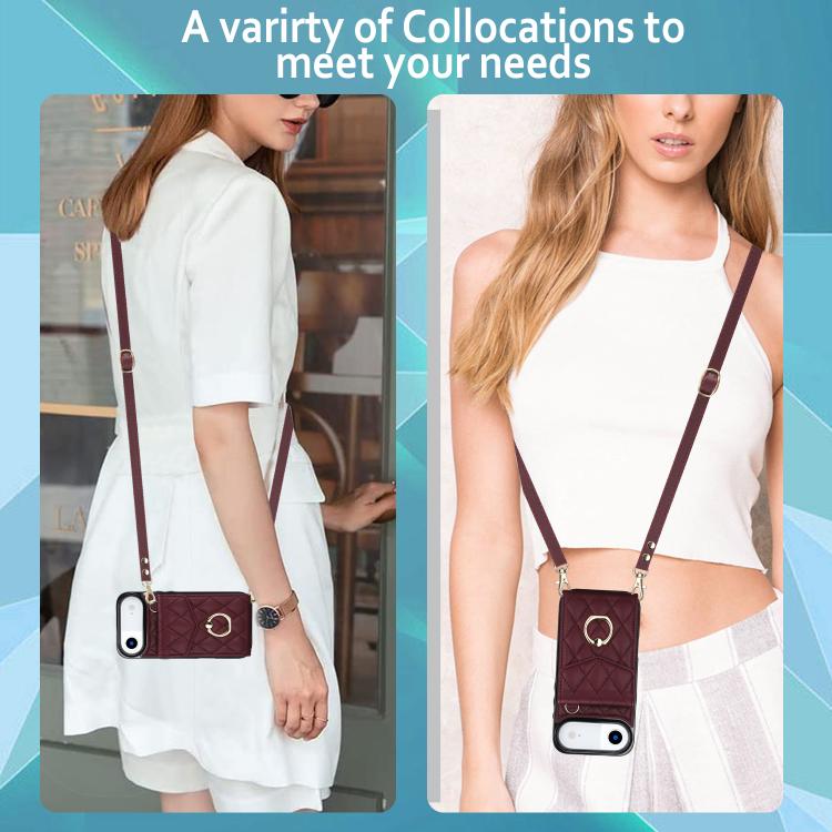 For iPhone Air Rhombic Texture Card Bag Phone Case with Long Lanyard(Wine Red) - iPhone Air Cases by buy2fix | Online Shopping UK | buy2fix