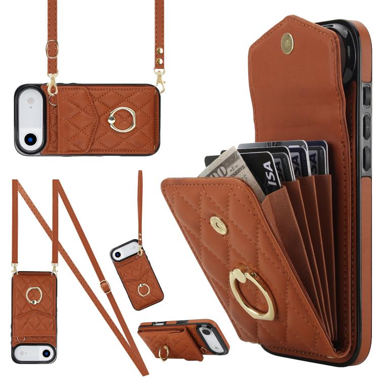 For iPhone Air Rhombic Texture Card Bag Phone Case with Long Lanyard(Brown) - iPhone Air Cases by buy2fix | Online Shopping UK | buy2fix