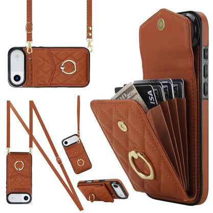 For iPhone Air Rhombic Texture Card Bag Phone Case with Long Lanyard(Brown) - iPhone Air Cases by buy2fix | Online Shopping UK | buy2fix