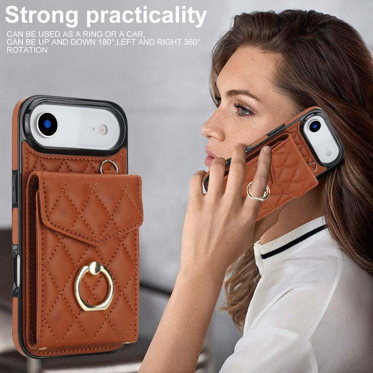 For iPhone Air Rhombic Texture Card Bag Phone Case with Long Lanyard(Brown) - iPhone Air Cases by buy2fix | Online Shopping UK | buy2fix