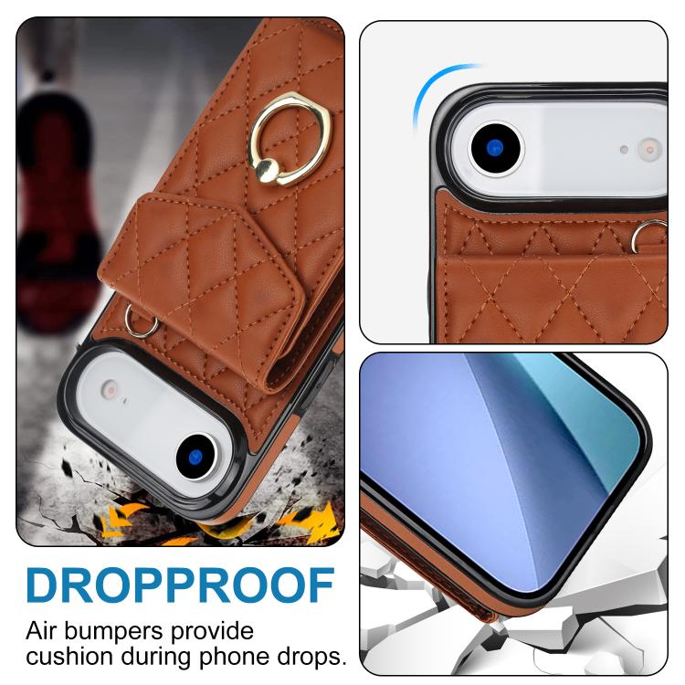 For iPhone Air Rhombic Texture Card Bag Phone Case with Long Lanyard(Brown) - iPhone Air Cases by buy2fix | Online Shopping UK | buy2fix
