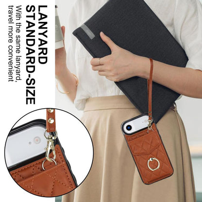 For iPhone Air Rhombic Texture Card Bag Phone Case with Long Lanyard(Brown) - iPhone Air Cases by buy2fix | Online Shopping UK | buy2fix