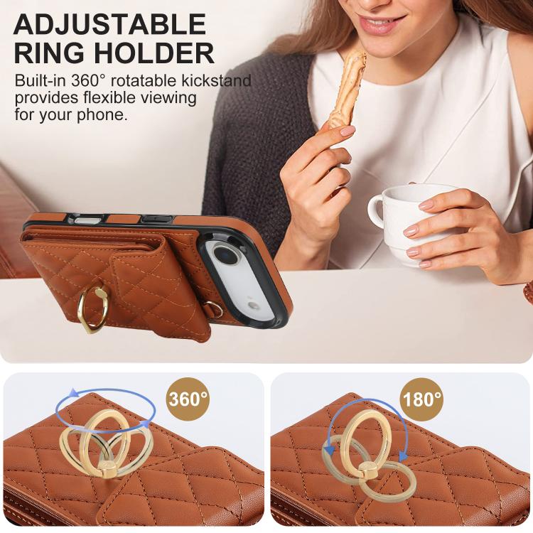 For iPhone Air Rhombic Texture Card Bag Phone Case with Long Lanyard(Brown) - iPhone Air Cases by buy2fix | Online Shopping UK | buy2fix