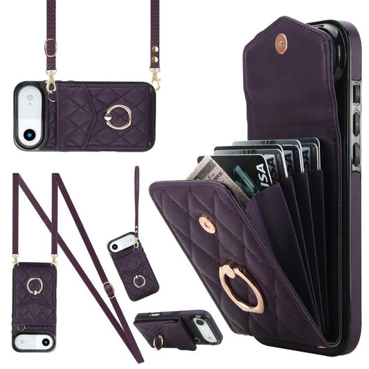 For iPhone Air Rhombic Texture Card Bag Phone Case with Long Lanyard(Dark Purple) - iPhone Air Cases by buy2fix | Online Shopping UK | buy2fix