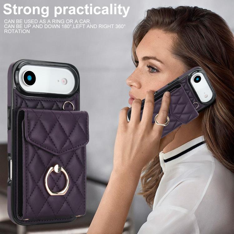 For iPhone Air Rhombic Texture Card Bag Phone Case with Long Lanyard(Dark Purple) - iPhone Air Cases by buy2fix | Online Shopping UK | buy2fix