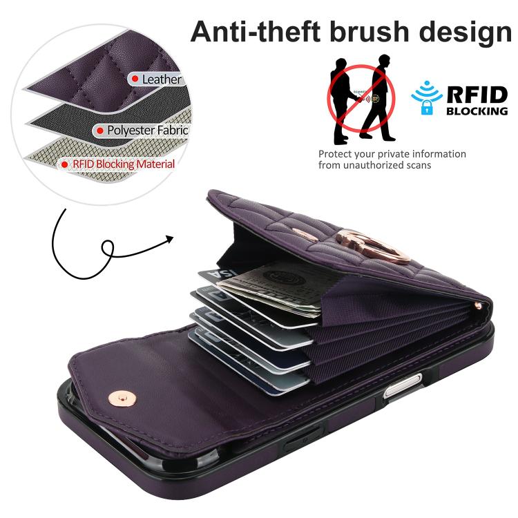 For iPhone Air Rhombic Texture Card Bag Phone Case with Long Lanyard(Dark Purple) - iPhone Air Cases by buy2fix | Online Shopping UK | buy2fix