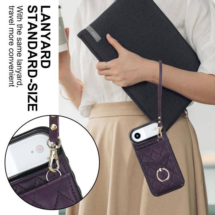 For iPhone Air Rhombic Texture Card Bag Phone Case with Long Lanyard(Dark Purple) - iPhone Air Cases by buy2fix | Online Shopping UK | buy2fix