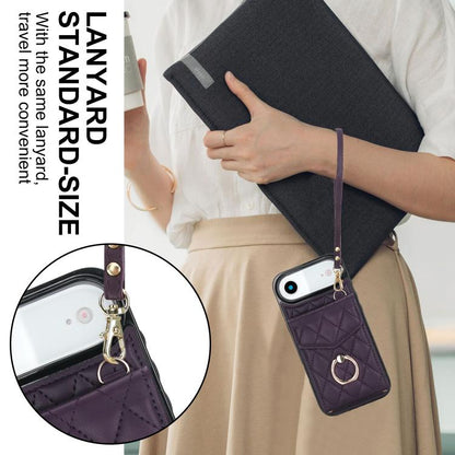 For iPhone Air Rhombic Texture Card Bag Phone Case with Long Lanyard(Dark Purple) - iPhone Air Cases by buy2fix | Online Shopping UK | buy2fix