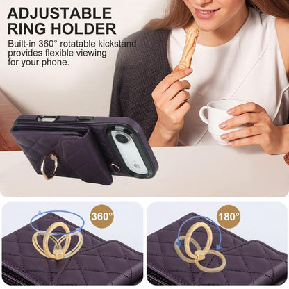 For iPhone Air Rhombic Texture Card Bag Phone Case with Long Lanyard(Dark Purple) - iPhone Air Cases by buy2fix | Online Shopping UK | buy2fix