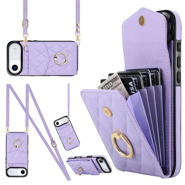For iPhone Air Rhombic Texture Card Bag Phone Case with Long Lanyard(Light Purple) - iPhone Air Cases by buy2fix | Online Shopping UK | buy2fix