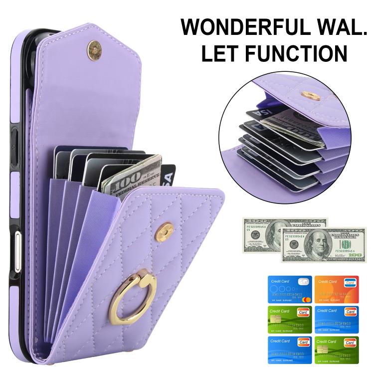 For iPhone Air Rhombic Texture Card Bag Phone Case with Long Lanyard(Light Purple) - iPhone Air Cases by buy2fix | Online Shopping UK | buy2fix