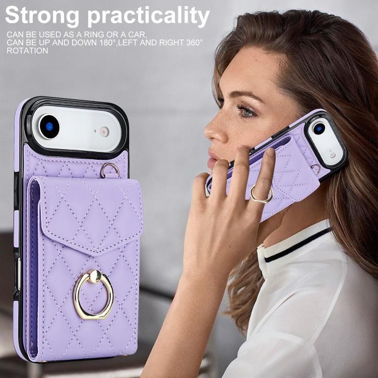 For iPhone Air Rhombic Texture Card Bag Phone Case with Long Lanyard(Light Purple) - iPhone Air Cases by buy2fix | Online Shopping UK | buy2fix