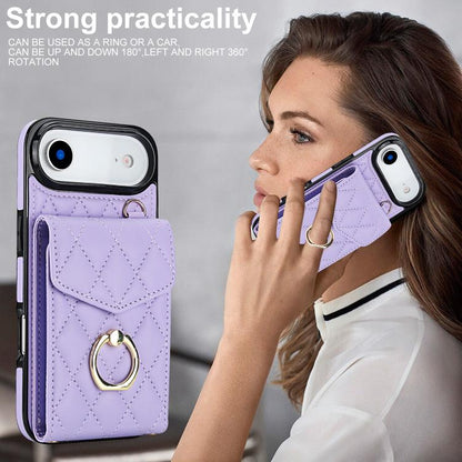 For iPhone Air Rhombic Texture Card Bag Phone Case with Long Lanyard(Light Purple) - iPhone Air Cases by buy2fix | Online Shopping UK | buy2fix